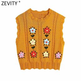 Zevity Women Floral Embroidery Crochet Short Knitting Sweater Lady Sleeveless Casual Slim Summer Vest Crop Pullovers Tops SW850 210603