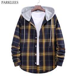 Men's Plaid Hoodie Shirt Jacket Long Sleeve Checked Shirt Men Youth Casual Button Down College Work Shirt Male Chemise 210522