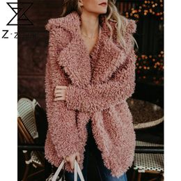 Women Coat Faux Fur Fashion Imitation Overcoat Long Sleeve Loose Teddy Autumn Winter Plus Size 210524