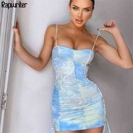 Spaghetti Strap Backless Tie Dye Summer Dress Women Fitness Side Drawstring Ruched Bodycon Sexy Vestidos Female 210510