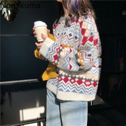 Nomikuma Arrival O Neck Long Sleeve Plaid Pullovers Casual Loose Vintage Knitted Sweater Women Korean Style Jumpers 3c226 210514