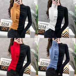 Patchwork Thicken Knit Sweater 2020 Autumn Winter Fashion Slim Women Turtleneck Pullover Ruched Women Jumper Elastic T07807B X0721