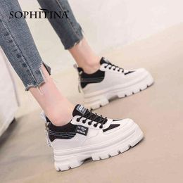 SOPHITINA Platform Shoes Women Casual Premium Leather Sports Cross-Tied Patchwork Shoes Round Toe High Heel Women Boots SO748 210513