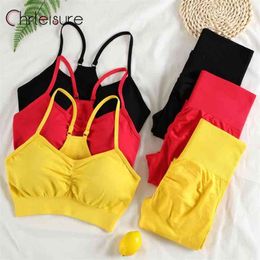 CHRLEISURE 2 Piece Seamless Yoga Set Sports Tracksuit Women Gym Two Sets Fitness Suits Outfit Bra Leggings Sportswear 210802