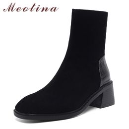 Meotina Kid Suede Real Leather High Heel Ankle Boots Women Thick Heels Boots Shoes Square Toe Zipper Female Boots Autumn Black 210520