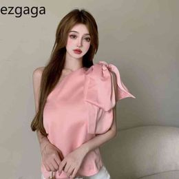 Ezgaga Sleeveless Bow Blouse Women Korean Fashion Chic Solid Slim Summer New Sexy Off Shoulder Diagonal Collar Elegant Tops 210430