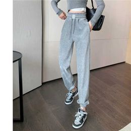 Spring Autumn Women's Pants Corduroy Fabric High Waist Pocket Full Length Pants For Women Popular Slim Oversize Sweatpants Femme Q0801