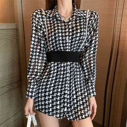Streetwear Button Up Houndstooth Shirt With Pearls Sling Belt Ladies Elegant Chiffon Blouses Femme Fashion Casual Blusas Mujer 210514