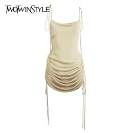 Sexy Drawstring Sling Dress For Women Square Collar Sleeveless High Waist Backless Solid Dresses Female 210520