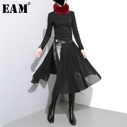 [EAM] Spring High Waist Solid Colour Black Pleated Loose Split Joint Half-body Skirt Women Fashion JD10501 210621