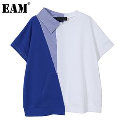 [EAM] Women Asymmetrical bgi size blue T-shirt Round Neck Short Sleeve Lapel Fashion Spring Summer 1DD6102 21512