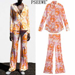 Summer Women Outfit Za 2 Piece Sets Pant Suits Vintage Print Shirts Woman Suit Casual Flared Trousers For Female Set 210930