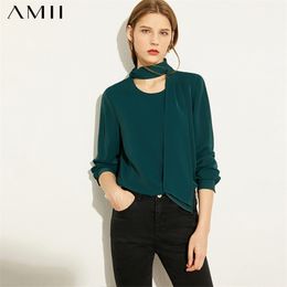 Minimalism Autumn Fashion Simple Women's Blouse Causal OLstyle Oneck Belt Solid Loose Shirt Female Tops 12030268 210527