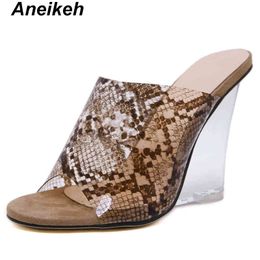 Fashion Wedges Slides Leopard Print Peep Toe High Heel Dress Slippers Summer Slip On Women Mules Black Size 35-40 210507
