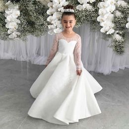 Jewel Neck Long Sleeves Sequins Flower Girls Dresses for Wedding with Bow Tie First Communion Dresses Pageant Gowns