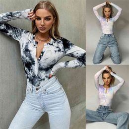 Sexy Women Skinny Bodysuits Casual Single-breasted V Neck Long Sleeve Bodycon Playsuit Autumn Tie Dye Print Stretch Jumpsuit 210522
