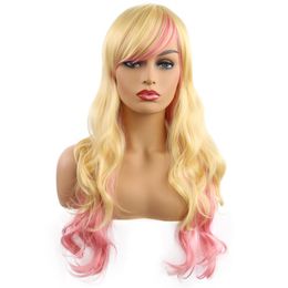 65cm Long Cosplay Synthetic Hair Wigs Blonde Pink Mix Color Wave perruques de cheveux humains KW-010