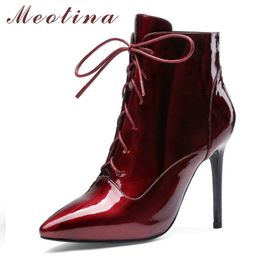 Meotina Winter Ankle Boots Women Natural Genuine Leather Thin Heel Short Boots Lace Up Extreme High Heel Shoes Lady Autumn 34-39 210520