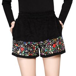 Autumn winter New design women's high elastic waist colorful paillette sequined beading corduroy fabric loose shorts MLXL2XL