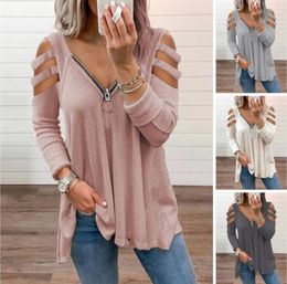 Womens T shirt Blouse Long Sleeve Loose Cotton Blend Women Hollow Out Cold Shoulder T-shirt Top for Spring