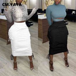 CM.YAYA Women High Waist Pocket Side String Draped Bodycon Midi Skirts for Streetwear Skirt 210629