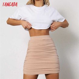 Tangada Women Solid Pleated Skirts Faldas Mujer French Style Female Mini Skirt 4P87 210609