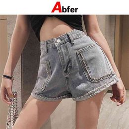 Abfer Plus Size Korean Fashion Denim Short 's Summer High Waisted Beading Jeans Y2k Streetwear Harajuku Pants 210629