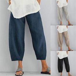Harem Pants For Women Trousers Casual Elastic Waist Linen Wide Leg Pants Women's Clothing 2021 Summer Loose Solid Color Trouser Q0801
