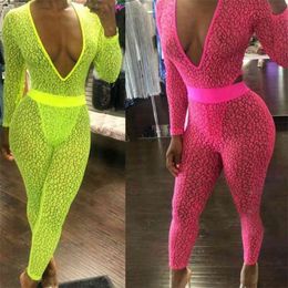 OMSJ Sexy Green Neon See Through Two Piece Pants Set Clubwear Outfit Women V Neck Bodysuit And Ankle Length Suits 210517