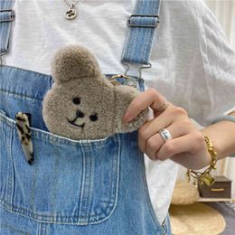 Cute Bear Key Wallet Women Car Case Plush Cartoon Zipper Bag Real Sheepskin Lamb Fur Pocket keyChain