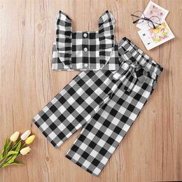 Summer Children Sets Casual Fly Sleeve Single Breasted Tops Plaid Sashes Pants 2Pcs Girl Boys Clothes 3-10T 210629