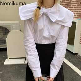 Nomikuma Bow Tie Sweet Peter Pan Collar Shirt Korean Long Sleeve Solid Women Blouse Spring Chic Blusas Mujer De Moda 6E921 210427