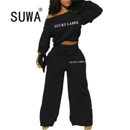 Lucky Label Clothing Letter Printed Womens Tracksuit Set Long Sleeve Pullover Retro Top Wide Leg Trousers Streetwear 2 Pieces 210525