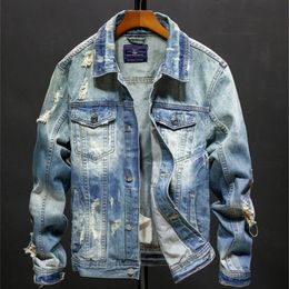 Jaquetas dos homens de alta qualidade denim jaqueta homens outono inverno moda buraco hip hop cowboy streetwear homens casacas para hombre roupas