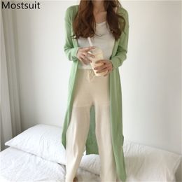 Spring Autumn Ice Silk Knitted Long Cardigans Tops Women Sleeve Sunscreen Clothing Casual Fashion Korean 210513