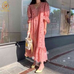 Fashion Sweet V Neck Flare Short Sleeve Summer Dress Elegant Embroidery Solid Ruffle Party Women Lace Hollow Out 210520