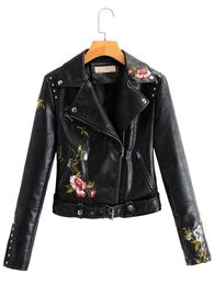 Arrival Autumn Fashion Women Embroidery PU Leather Jacket Chic Rivets with Belt Biker Jackets Zippers Ladies Coats Outerwear 210909