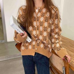 Qooth Thickness Spring Elegant Cardigan Women Full Sleeve Floral Print Sweater Office Women O-neck Loose Ins Clothes Coats QT450 210518