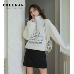 Cartoon Fur Hoodie Women Sweatshirt White Stand Collar Furry Fleece Winter Casual Korean Fashion Clothing 210427