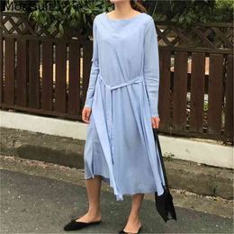 Summer Korean Solid Straight Belted Long Dress Women Sleeve O-neck Vintage Casual Fashion Pleated Dresses Vestidos 210513