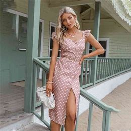 Polka dot print pink slim party dres Ruffle sleeveless elegant summer dress Split buttons maxi dresses 210730