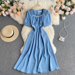 Summer Blue/Pink/Beige Lace Patchwork Beading Dress Women Vintage Square Collar Short Puff Sleeve A-Line Slim Vestidos 2021 New Y0603