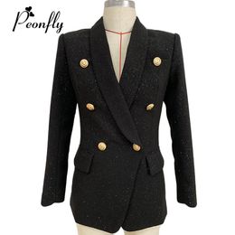 Women's Suits & Blazers PEONFLY Shiny 2021 Women Double Breasted Casual Office Lady Black Jacket Ladies Blazer Slim Coat Streetwear