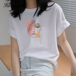 Hirsionsan Aesthetic Graphic Cotton T Shirts Women Summer Simple Line Print Loose Tees Vintage Short Sleeve Casual Female Tops 210720