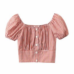 Women's Blouses & Shirts Red Plaid Women Elegant Short 2021 Summer Fashion Ladies Vintage Bomb Tops Femme Party Girls Chic Female Stylish