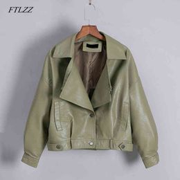 Women Vintage Faux Leather Jacket Loose Coat Single Breasted Motorcycle Jackets Female Short Outwear 210423