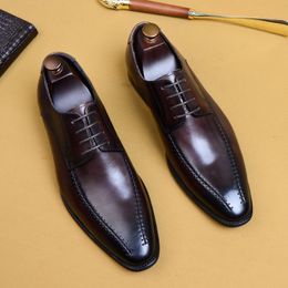 Lacing Men Formal Leather Shoes Genuine Leather Office Business Wedding Brogue Oxford Shoe Black Coffee Men Italy Dress Shoe