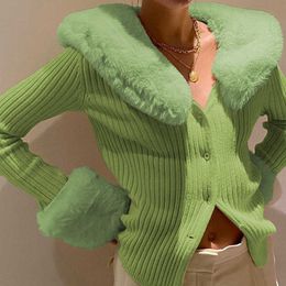 Solid Fresh Temperament Retro Sexy Fur Collar Green Cardigan Coat Women Long Sleeve Lapel Knitted Sweaters Jumpers Pull 210610