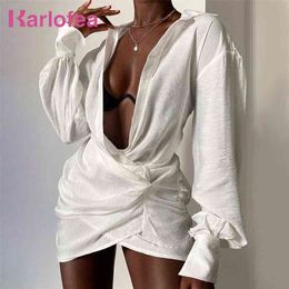 Karlofea Female Summer Cotton Linen Dress Beach Vacation Cover Sexy Deep V Neck Irregular Shirts Dress Lazy Style Casual Dresses 210630