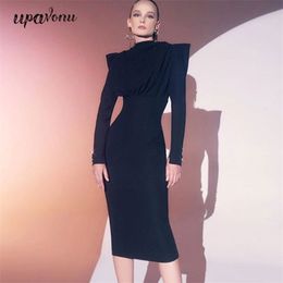 Free Chic Midi Dress Women Black Sexy O-neck Long Sleeve Draped Bow Bodycon Halter Club Party Vestidos 210524